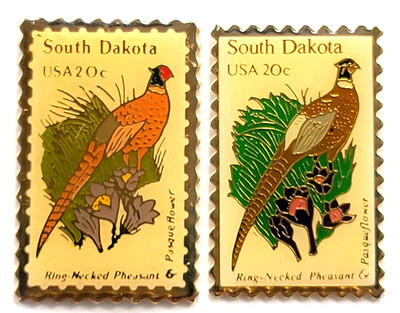 South Dakota Ring Necked Pheasant Bird Pasque Flower USA 20c Stamp Pins Lot 2