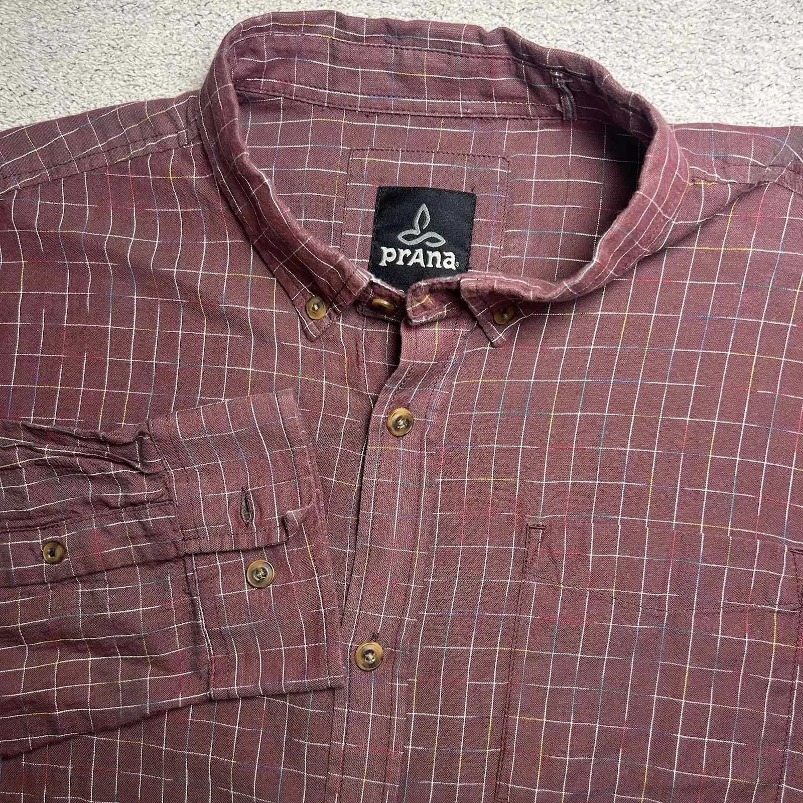 prAna Shirt Men’s XL Red Windowpane Plaid Button Up Long Sleeve Outdoor Casual
