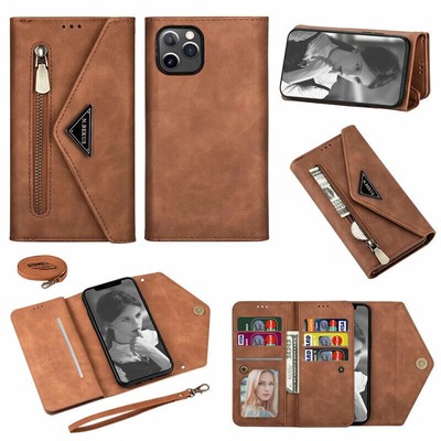 Zipper Leather Phone Case For Apple iPhone 16 15 14 13 12 11 Max XR XS w/Lanyard