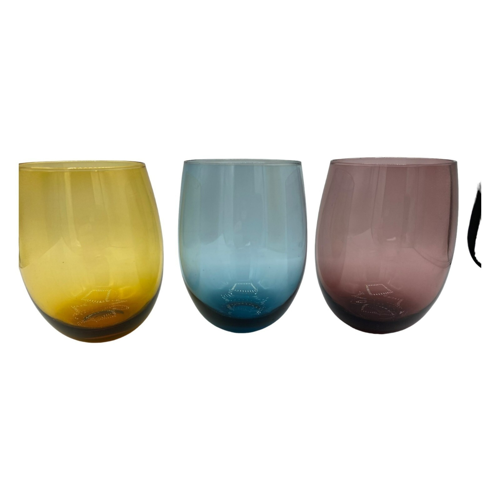 Set of 3 Stemless 14 oz Wine Glasses in Amber Blue Purple - 4 Inch Tall