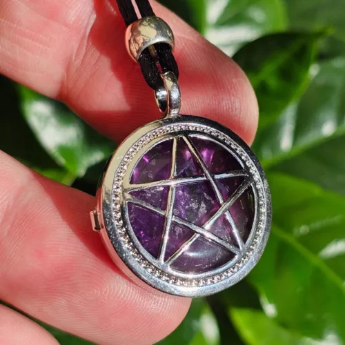 Pentacle Moon Locket Amethyst Pendant Necklace Gemstone Crystal Jewellery