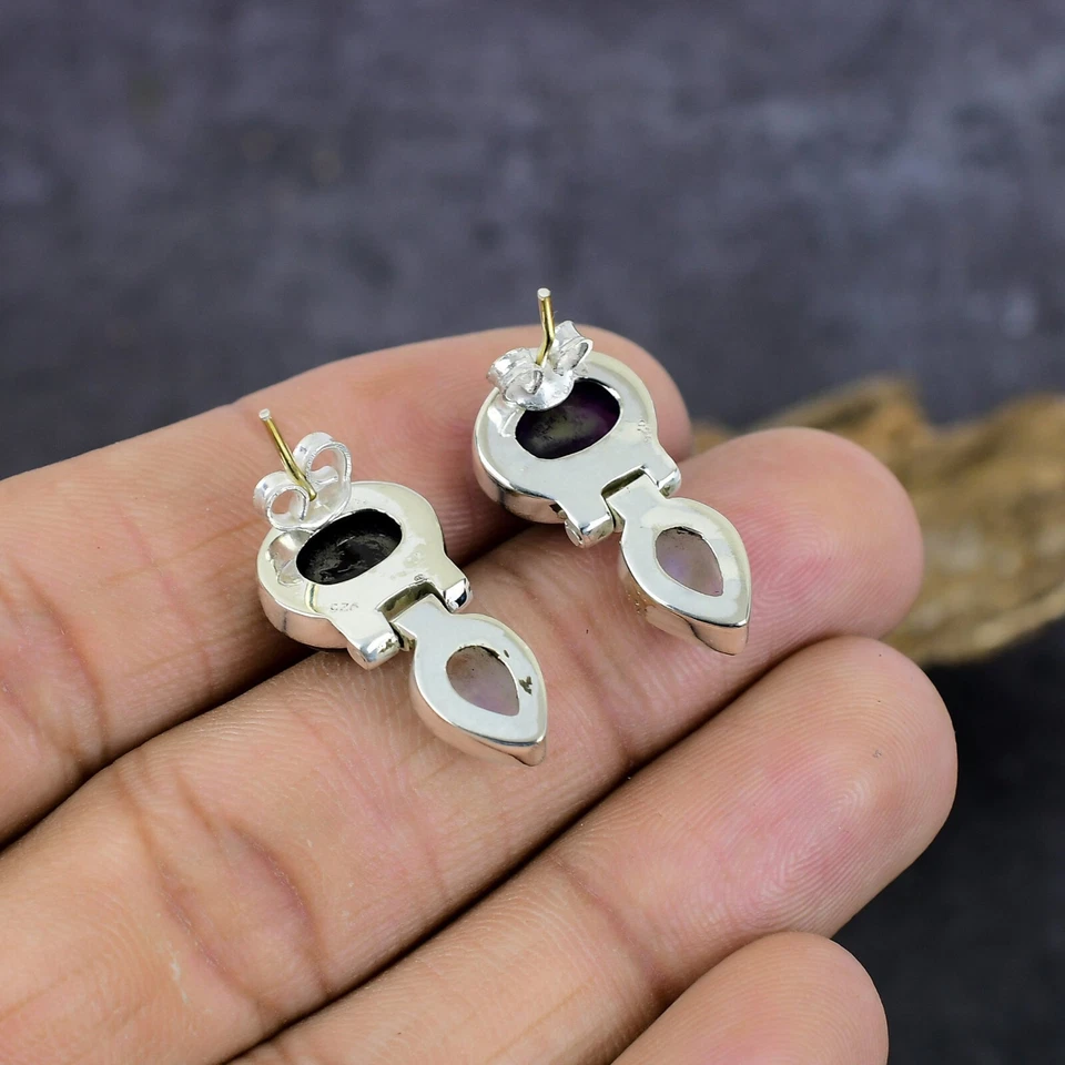 Puprle Amethyst Rainbow Moonstone Silver Plated Gemstone Stud Earring Jewelry - Image 4 of 4