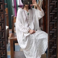 Vintage Women 100% Linen Oversize V Neck Long Dress Maxi Casual Kaftan Flax Robe