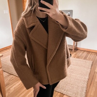 Gentle Herd 100% Nylon Collared Bohemian Classic Tan Boxy Short Knit Coat XL