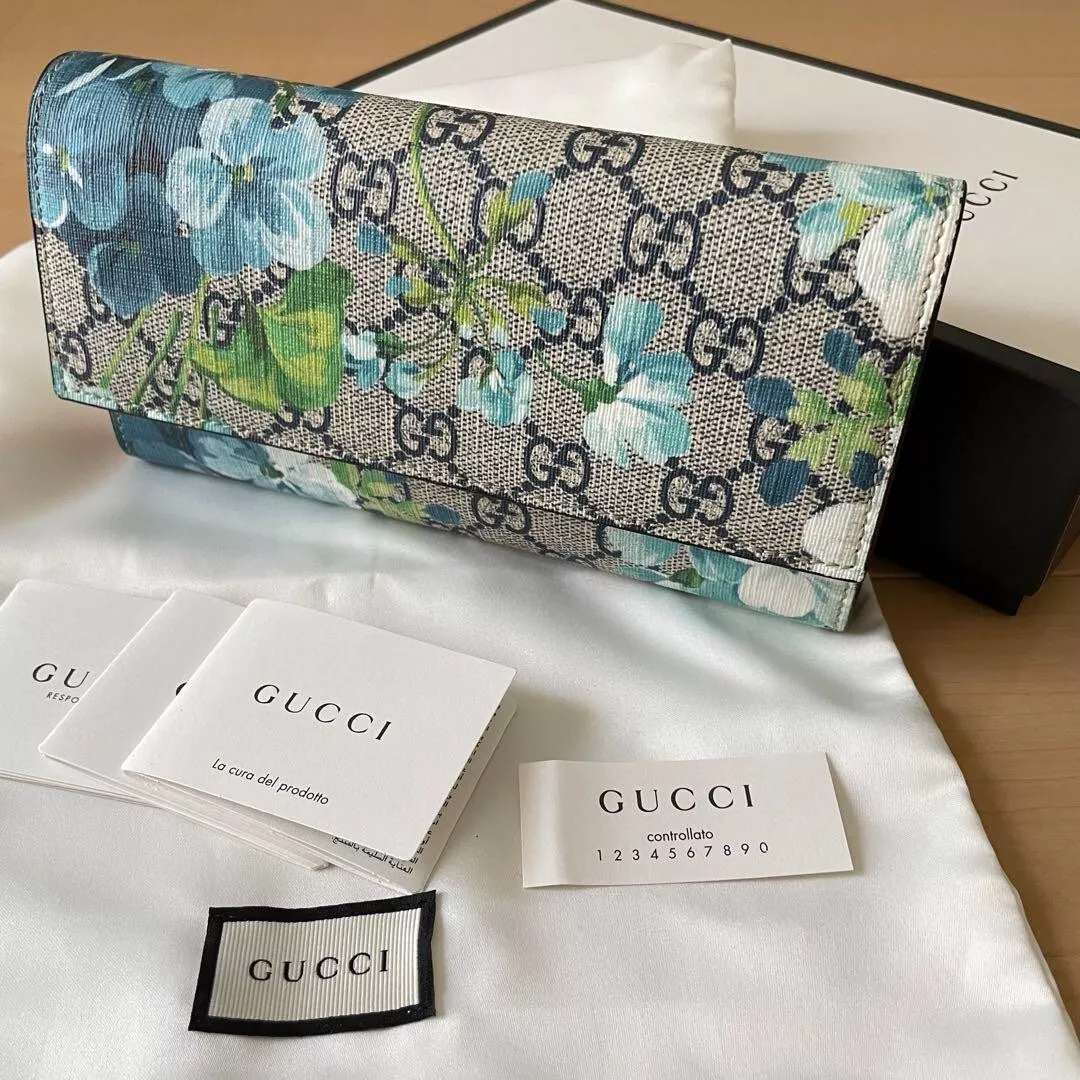 GUCCI GG Supreme Blooms Folding Long Wallet Floral Print Blue Canvas Leather