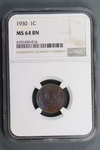 1930 1C LINCOLN WHEAT CENT PENNY NGC MS64 BN ELECTRIC BLUE TONED TYPE SLAB-150