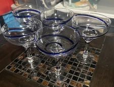 Pier 1 Blue Line Swirl Swirline Hand Blown Margarita Glasses Set of 5