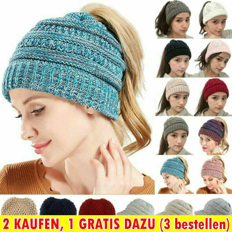 PONY Berretto donna elasticizzato in maglia Messy Bun coda di cavallo coda di cavallo treccia berretto cappello