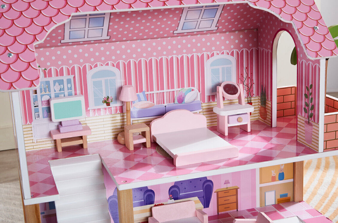 Large Doll House Girls Toy Pretend Play Set Wooden Dollhouse furniture