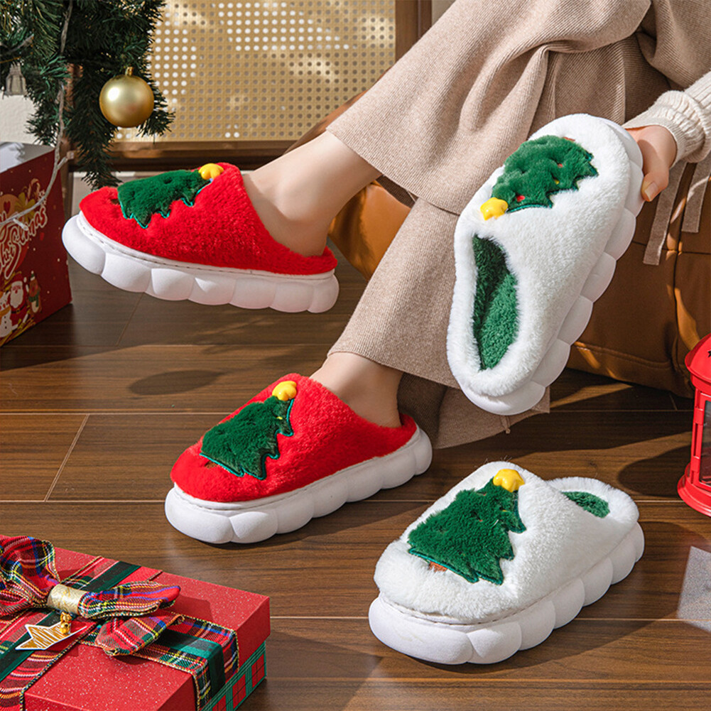 APL Flat Thermal Slippers Furry Xmas Tree Slipper Soft Couple Slippers for Men Women