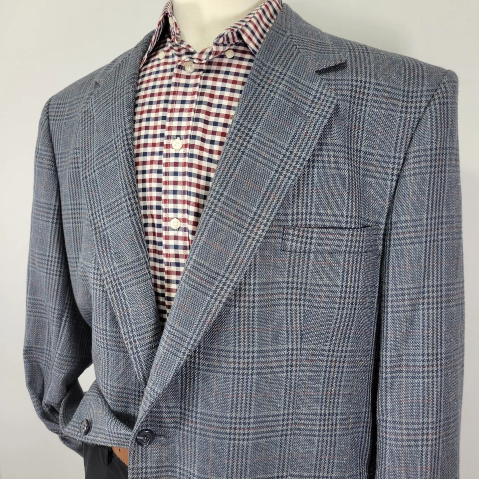 Abrigo Blazer Deportivo Para Hombre Stafford Dos Botones Azul Cuadros Poli Seda Lana 48L De Colección Foto 3 de 4