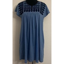 GAP Blue Embroidered Smocked Tunic Dress Casual Short Sleeve Women's Size S