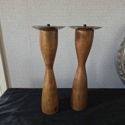 Paar Vintage Stumpenkerzenhalter massiv Teak Metall MCM nordisch dänisch Holz SALCO 