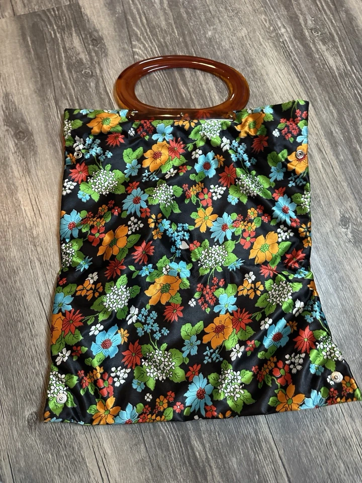 Bolso Cartera Plegable Vintage Años 70 Mango Lucite Mod Gogo Groovy Color Floral Foto 3 de 4