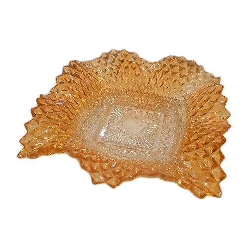 Vtg Indiana Glass Amber Iridescent Square Ruffled Diamond Point Dish