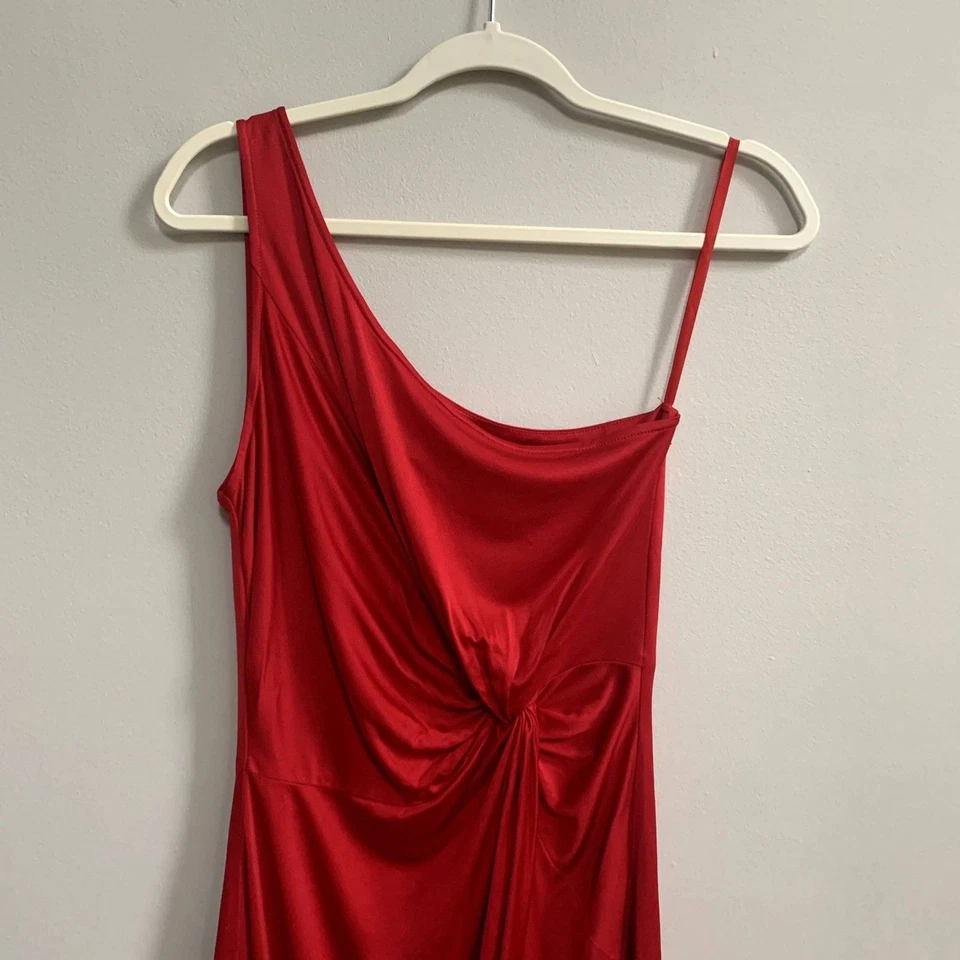 Laila Azhar Silk One Shoulder Dress Ruched Waist Short Red Medium Y2K Holiday  - Image 2 of 4