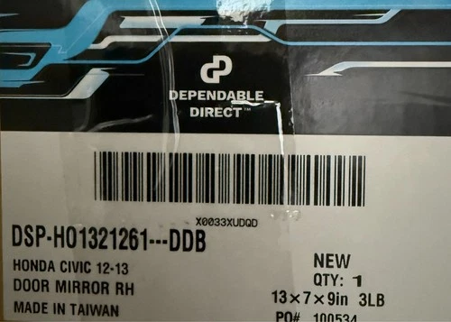 Honda civic 2,012 -2,014 Passenger Side Power View Mirror 3 Wire Black Textured.