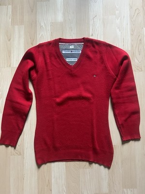 Tommy Hilfiger Damen Pullover Rot V-Ausschnitt Baumwolle Feinstrick Logo M