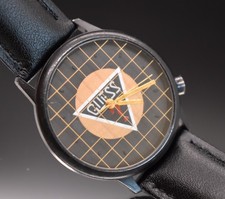 Vintage Guess Triangle Logo Watch Black Dial Gold Grid 1990 Japan Movt Leather