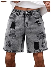 Men's Ripped Baggy Denim Shorts Zipper Jean Bermuda Pockets Graphic