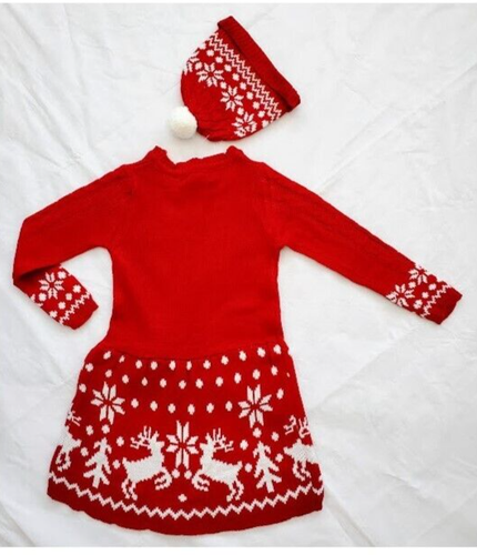 NWT Little Girls Red & White Winter Snowflake Sweater Dress Matching Hat Size 5 - Picture 3 of 8