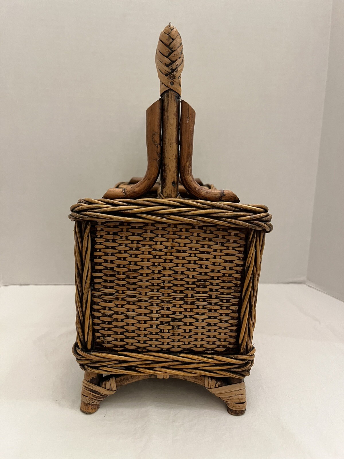 Vintage Bamboo Rattan Wicker Basket Utensil Caddy Storage Organizer