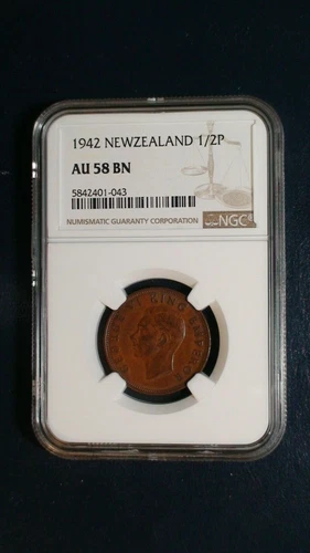 1942 NEW ZEALAND Half Penny NGC AU58 BN 1/2P Coin PRICED TO SELL RIGHT NOW!