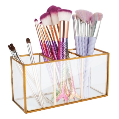 3 Slot Gold Vintage Makeup Brush Organizer Holder Cosmetic Storage for Vanity