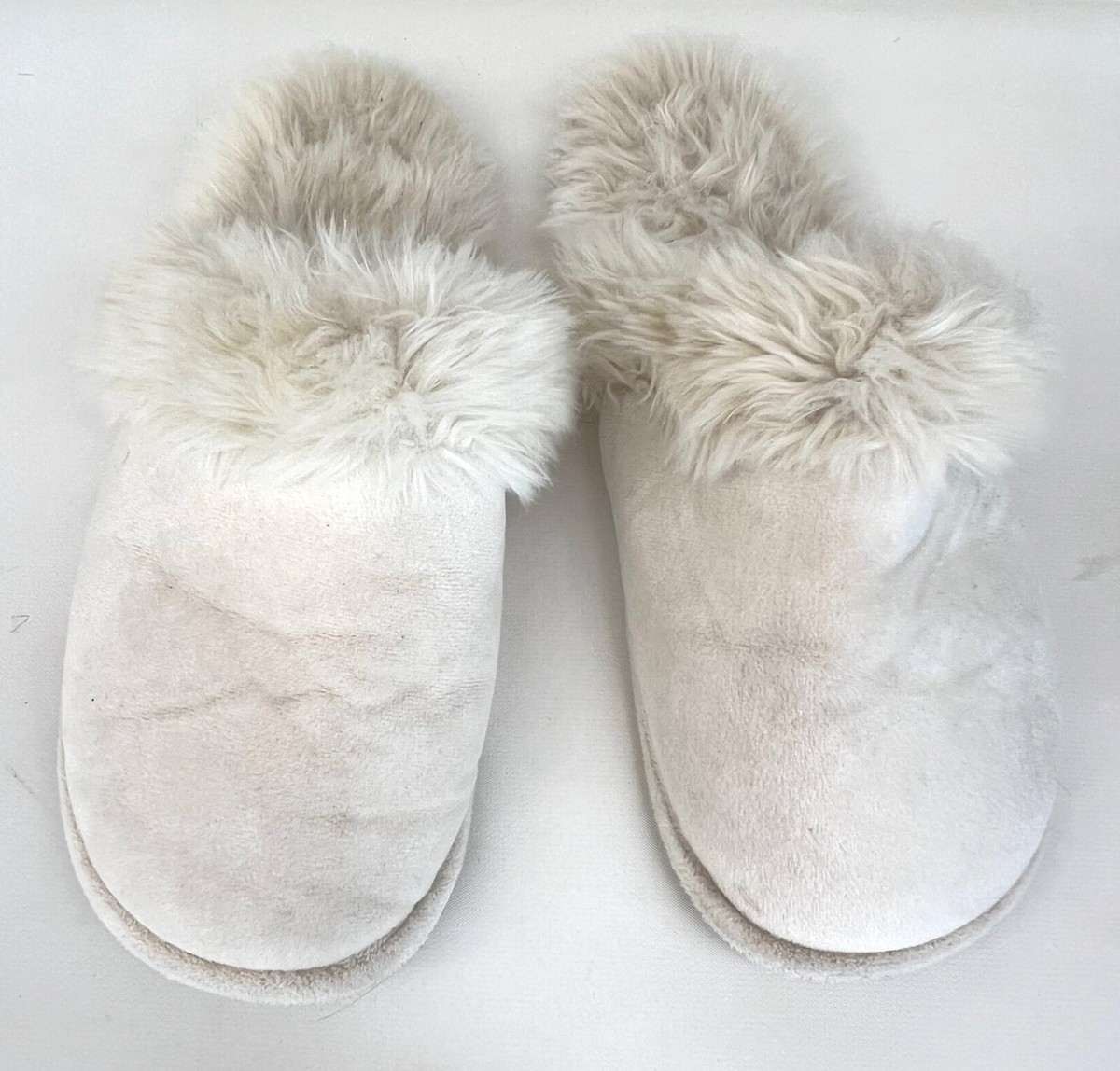 RESTORATION HARDWARE ARTIC FOX CREAM SLIPPERS, FAUX FUR AND VELVET