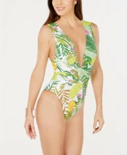 $154 NWT Trina Turk Multi Bananas Printed Plunging One Piece Swimsuit 6 yse2223