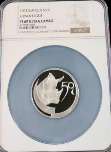 2003 SOUTH AFRICA SILVER 50 CENTS S50C RHINOCEROUS NGC PF 69 ULTRA CAMEO TOP POP