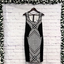 BAR III Size XL Sleeveless Bodycon Geometric Black White Midi Dress Scoop Neck