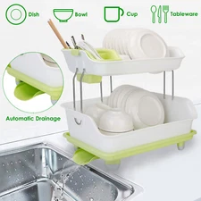 2 Tier Kitchen Utensil Holder Dish Bowl Drying Rack Drainer with Drainage Tray