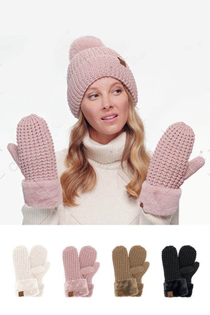 C.C Exclusive Women's Winter Warm Classic Solid Color Waffle Knit Mittens Gloves