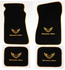 NEW! Black FLOOR MATS 1970 - 1981 FIREBIRD Embroidered Logo Gold & Binding All 4