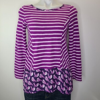 Anthropologie Postmark Cotton Rayon Purple Striped Bird Print HiLo Ruffle Top XS