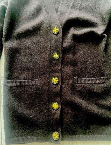 Tory Burch Logo Button Cardigan Brown Size M 100% Merino Wool Pre-Owned - Picture 4 of 4