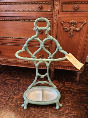 Antique French Art Nouveau Green & White Enameled Cast Iron Umbrella Stand - Image 1 of 4