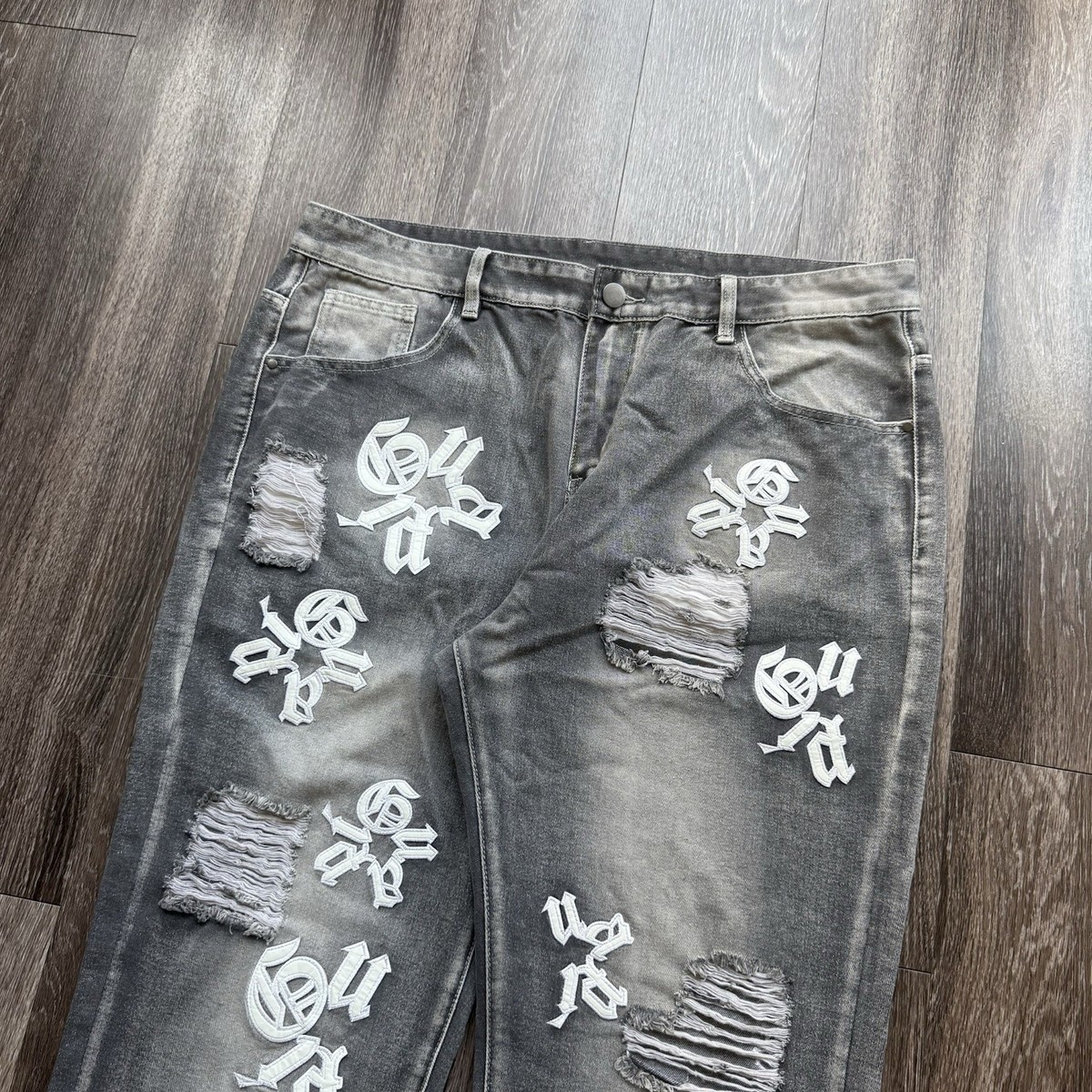 【新品】GUAPI VINTAGE GREY PIERCING DENIM GUAPI Jeans Mens 32 Iron Grey Piercing Denim Black Baggy Wide Leg