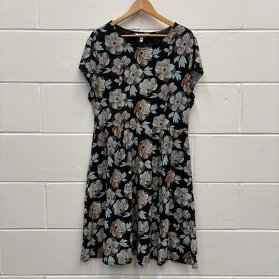 Seasalt Cornwall Riviera Dress UK 18 Petite Black Floral Organic Cotton Midi