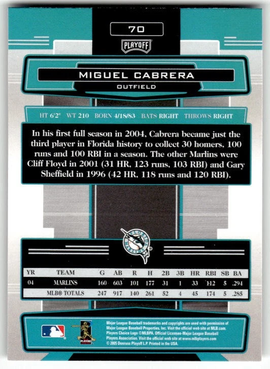 2005 Playoff Absolute Memorabilia Miguel Cabrera #70 Florida Marlins - Image 2 of 2