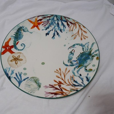 Coastal Nautical Ceramic Dinner Plate Coral, Seahorse, Crab, Coral, Sand dollar