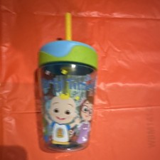 Multicolor Cartoon Sippy Cup with Straw Blue Green Yellow Lid