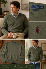 Polo Ralph Lauren Pima Cotton V Neck Sweater Mens XL Green Classic Logo Knit
