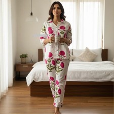 Artisan Hand Block Printed Floral Women  s Cotton Indian Sleepwear Night Set
