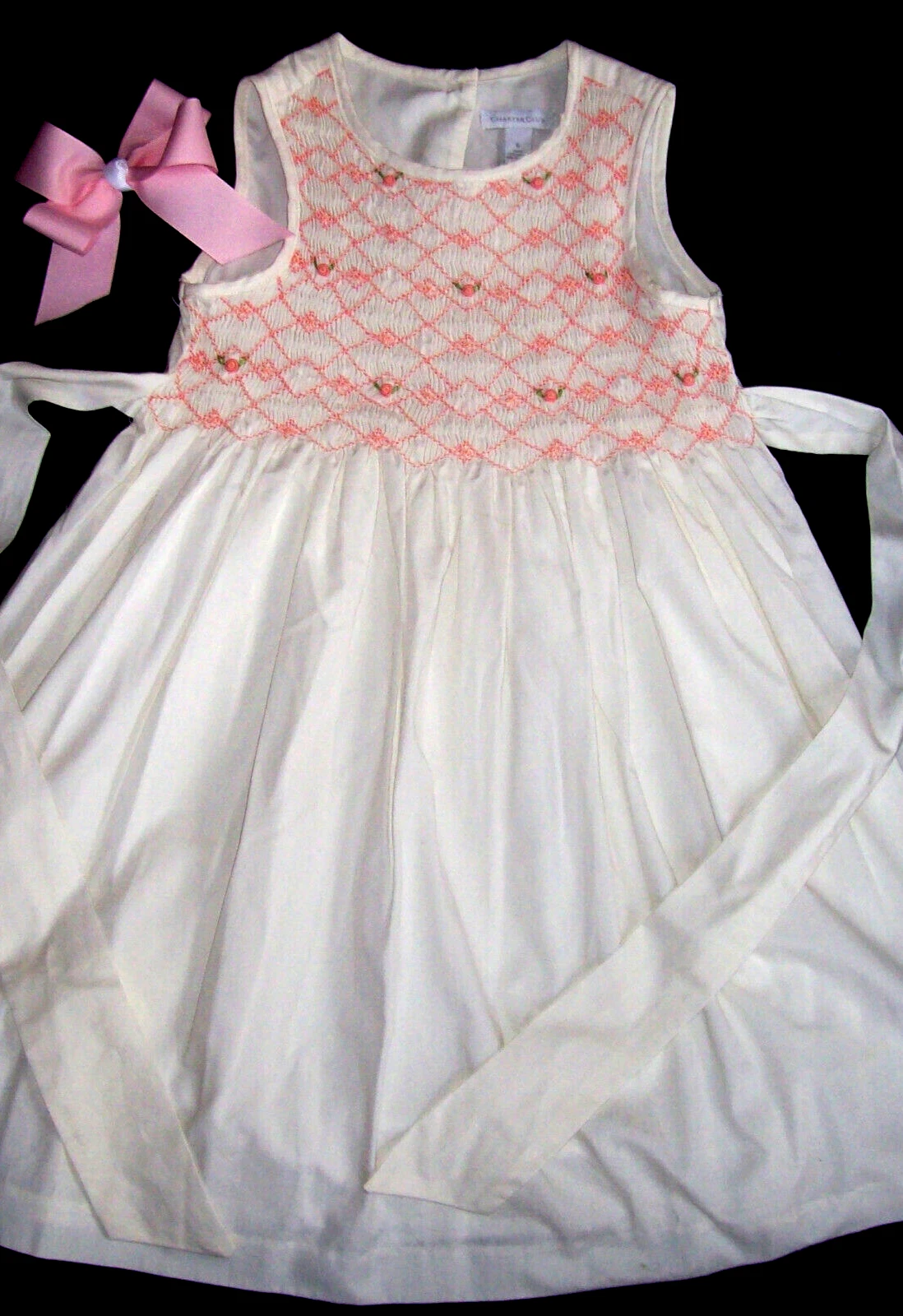 GIRL 6 GORGEOUS SMOCKED WHITE ~CHARTER CLUB~ PINK ROSE-EMBELISHED DRESS & BOW