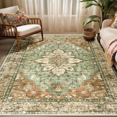 Area Rugs 5'x7' Washable Non-Slip, 5' x 7' (Rectangular), Brick/Brown/Green 