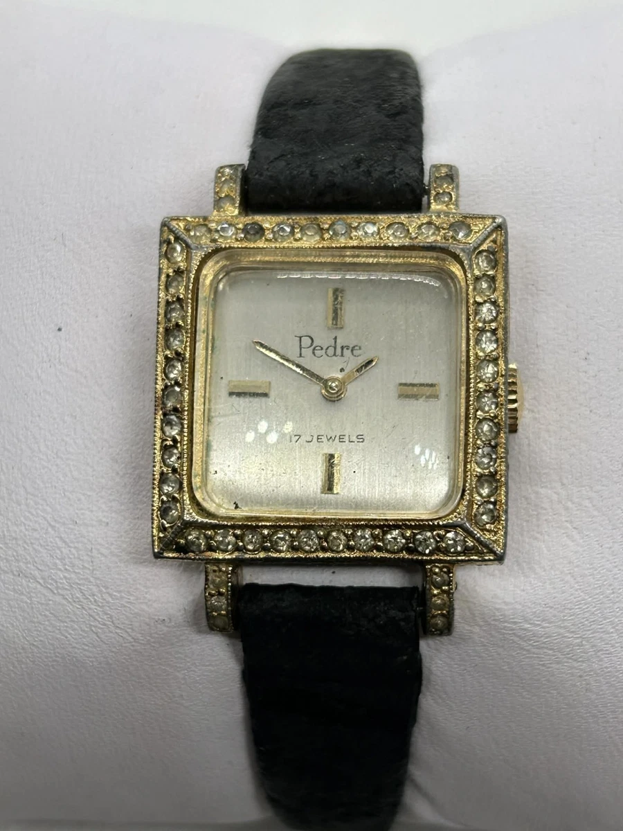 VTG Pedre Women 17 Jewel GoldTone Rectangle Dial Black Leather Watch New Battery VTG Pedre Women 17 Jewel Goldtone Gk Dial Black Leather  main image 3