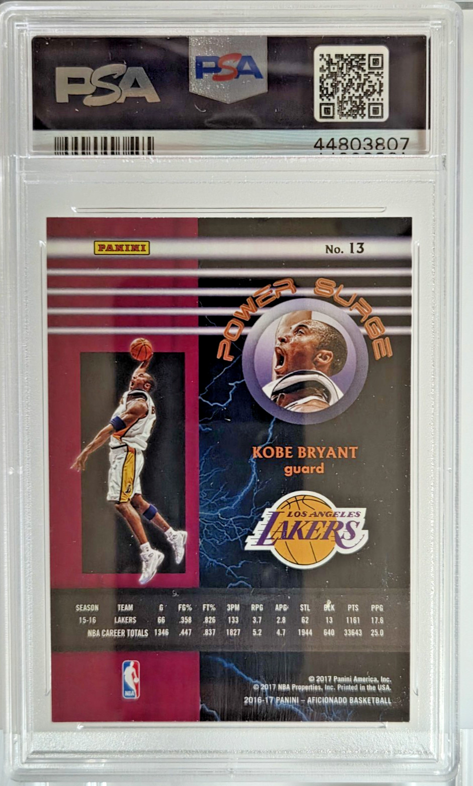 2016 Panini Aficionado Power Surge Kobe Bryant #13 PSA 9 MINT Lakers Legend HOF view 3