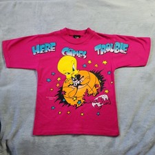 Vintage 1996 Space Jam Tweety Bird Pink Graphic T-Shirt Kids Medium Made in USA